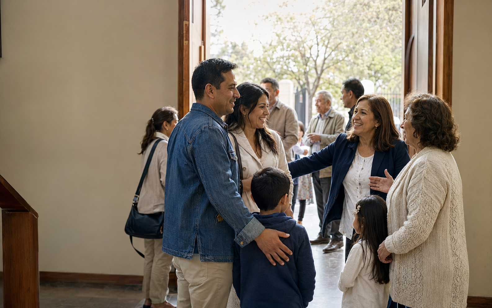 Una familia siendo recibida cálidamente por la comunidad de la iglesia